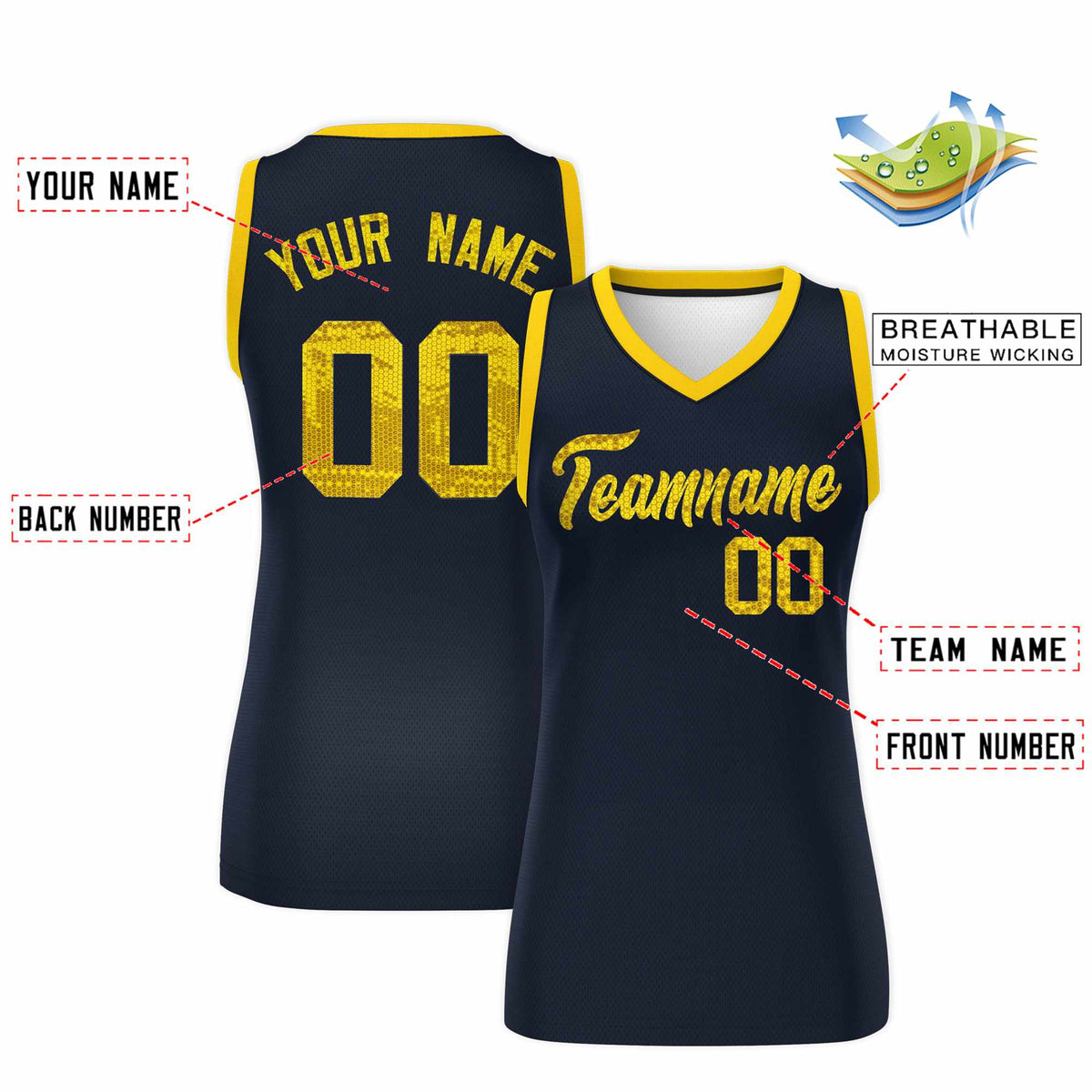 Custom Navy Gold Women Netball Sequined Dress