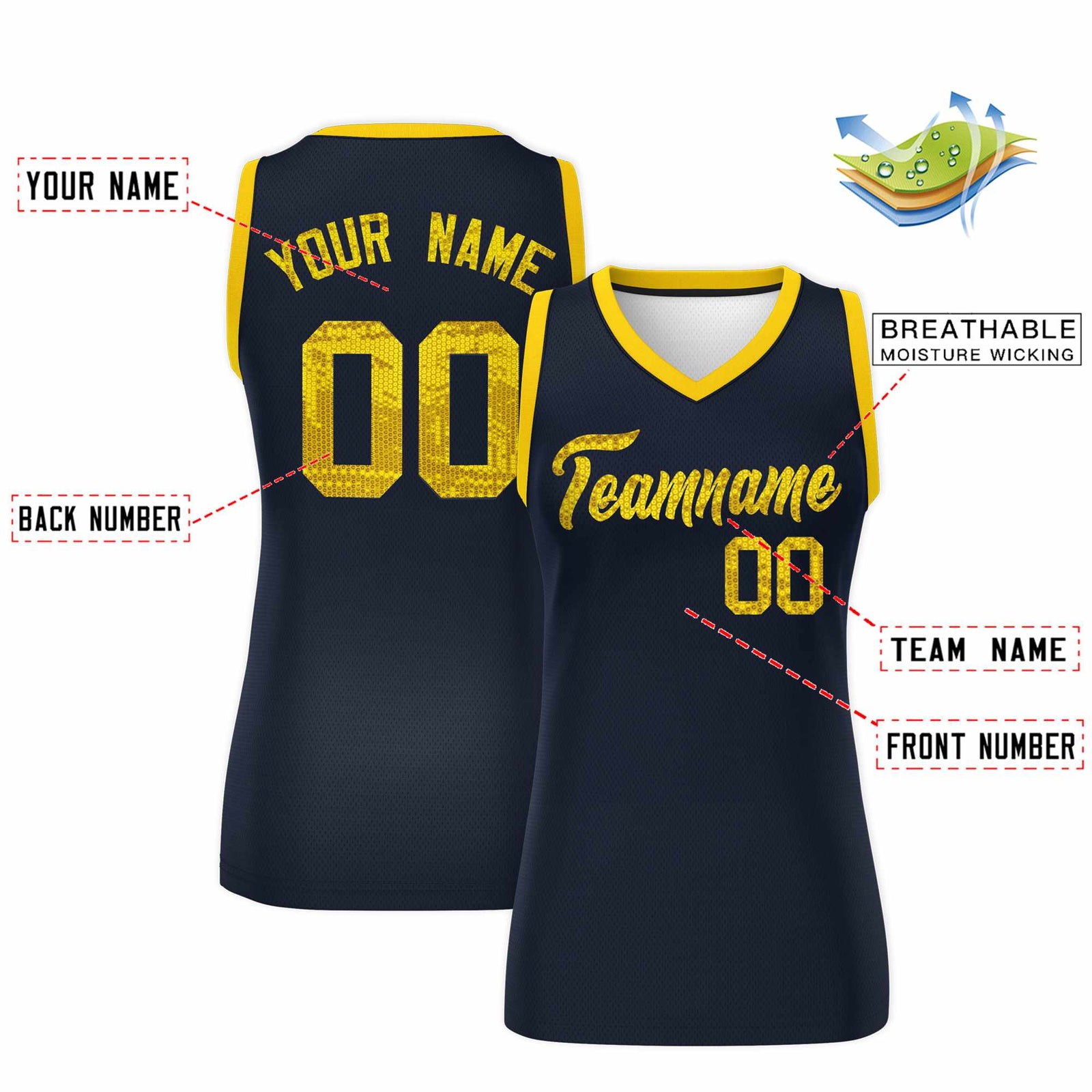 Custom Navy Gold Women Netball Sequined Dress