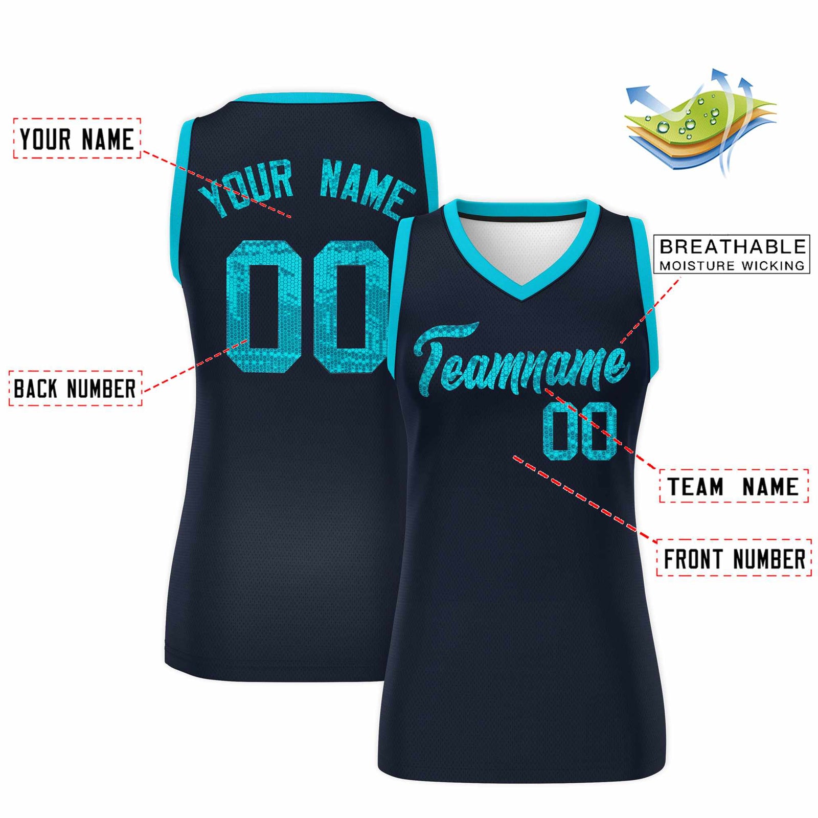 Custom Navy Sky Blue Women Netball Sequined Dress