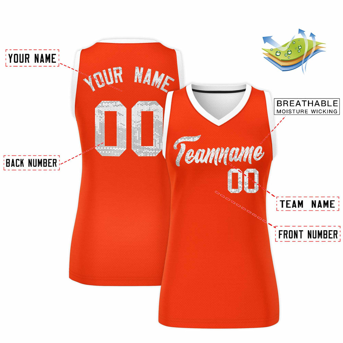 Custom Orange White Women Netball Sequined Dress