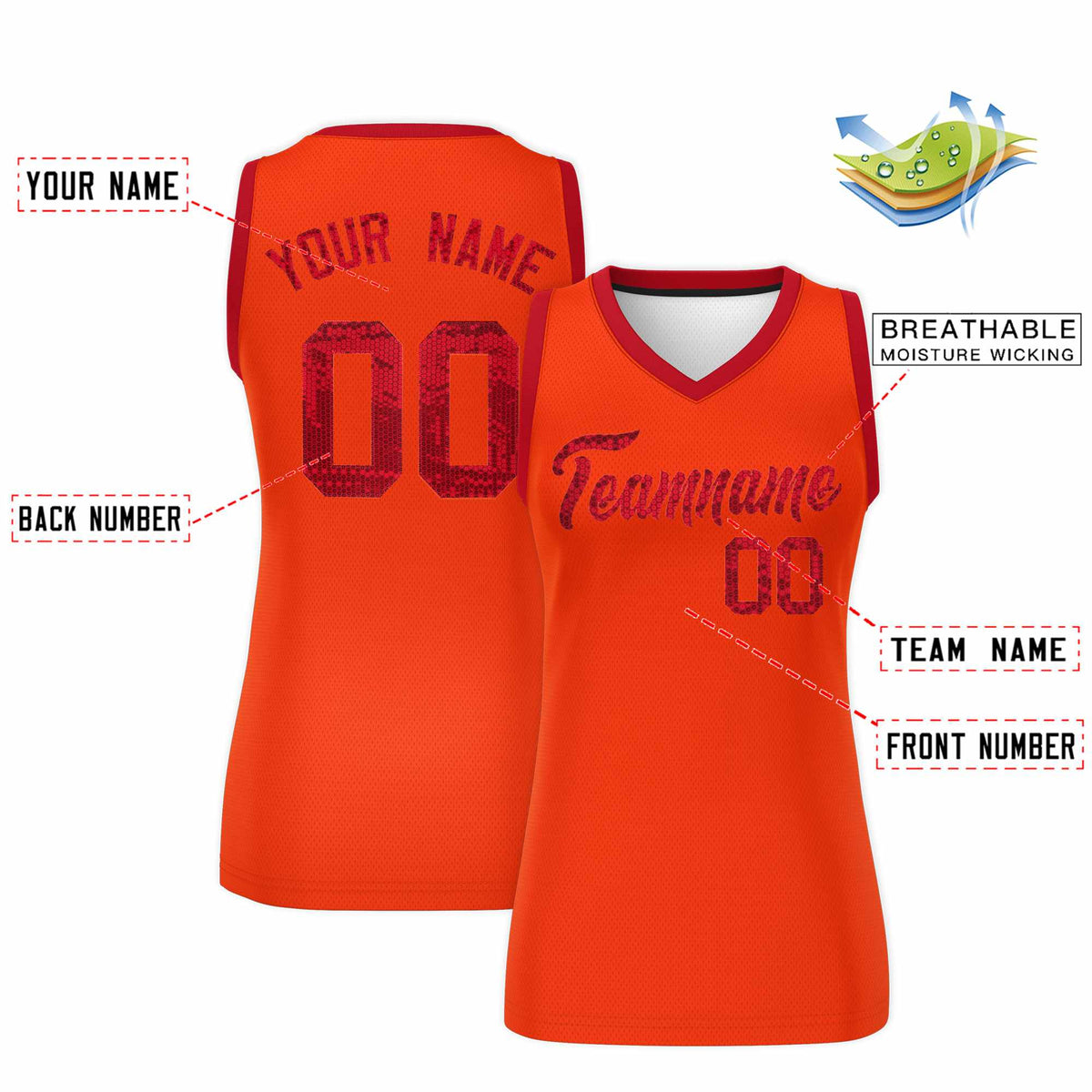 Custom Orange Red Women Netball Sequined Dress