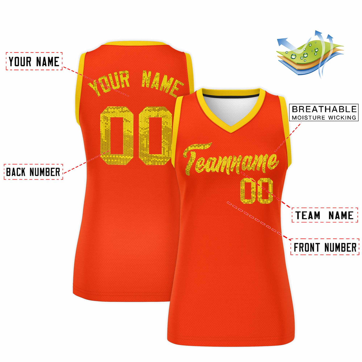 Custom Orange Gold Women Netball Sequined Dress