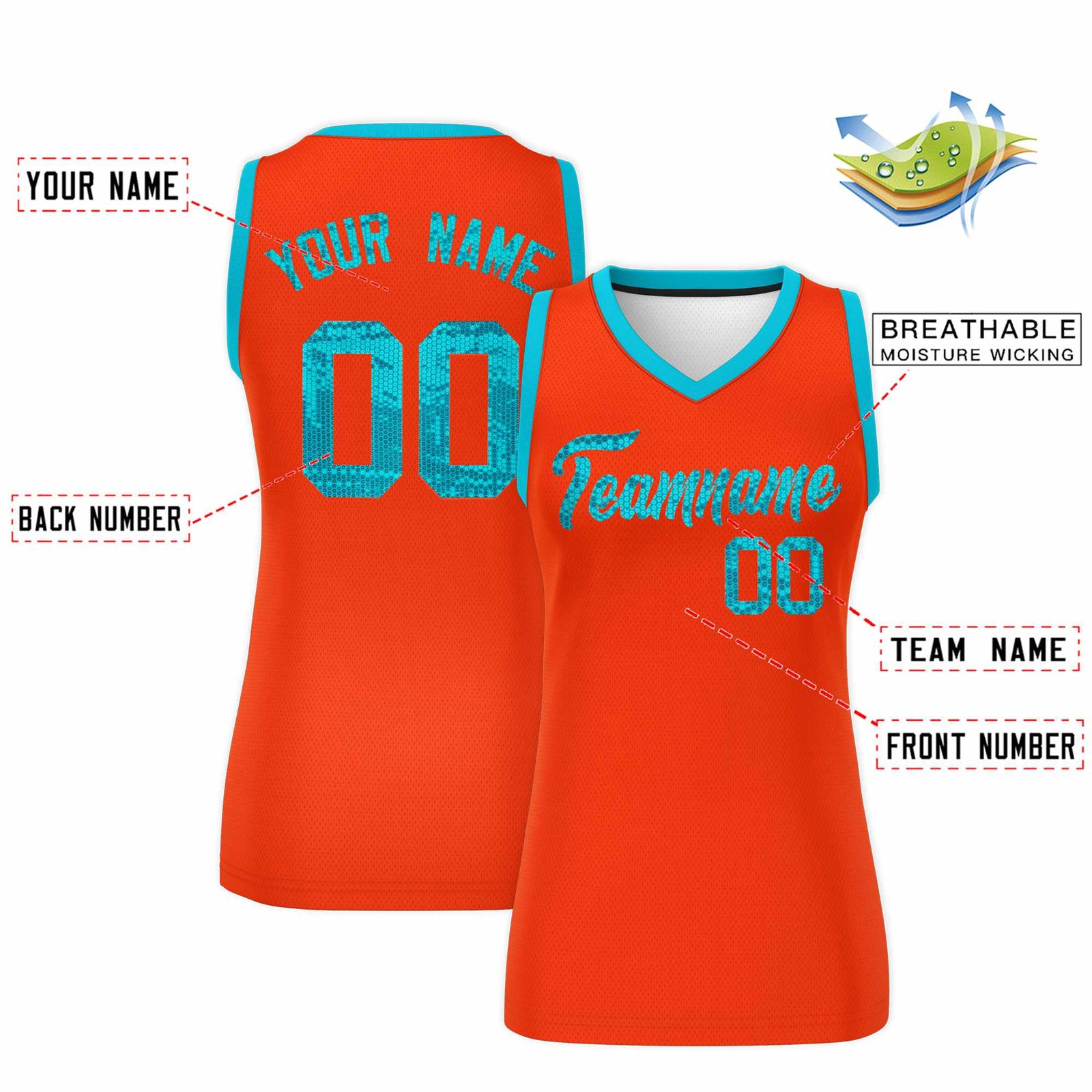 Custom Orange Sky Blue Women Netball Sequined Dress