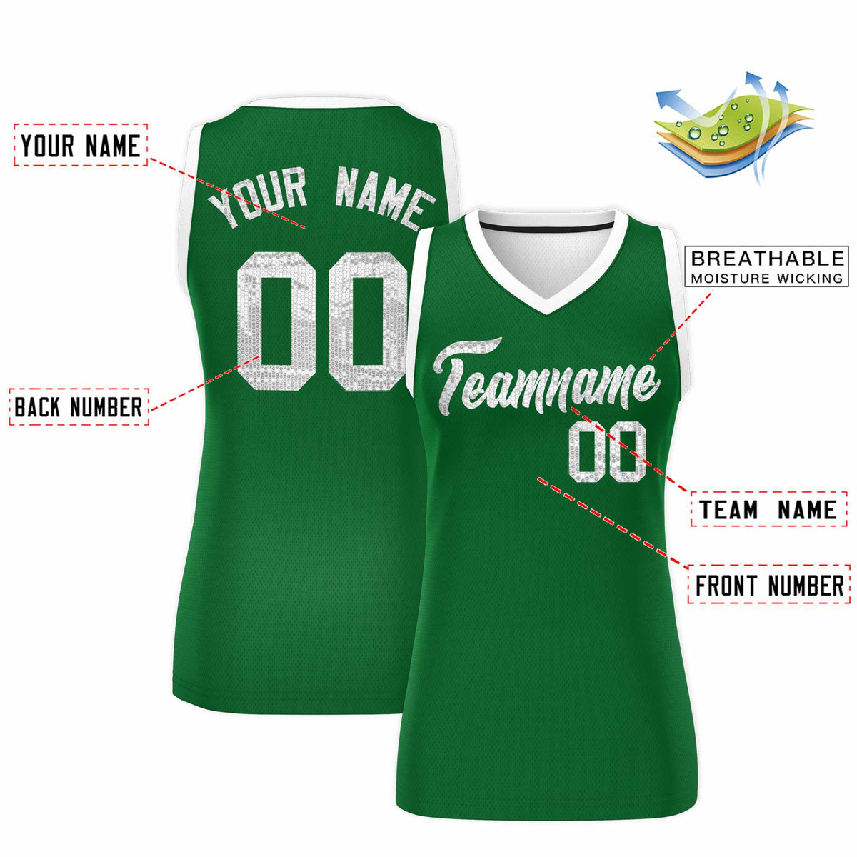 Custom Kelly Green White Women Netball Sequined Dress