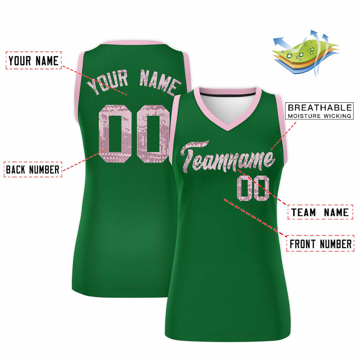 Custom Kelly Green Light Pink Women Netball Sequined Dress