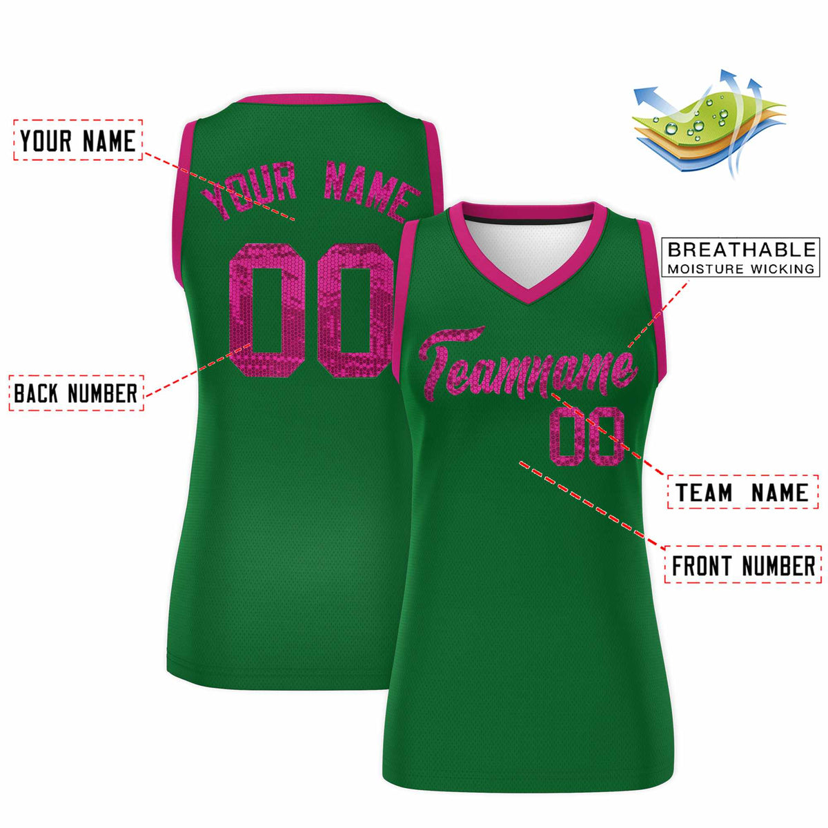 Custom Kelly Green Pink Women Netball Sequined Dress