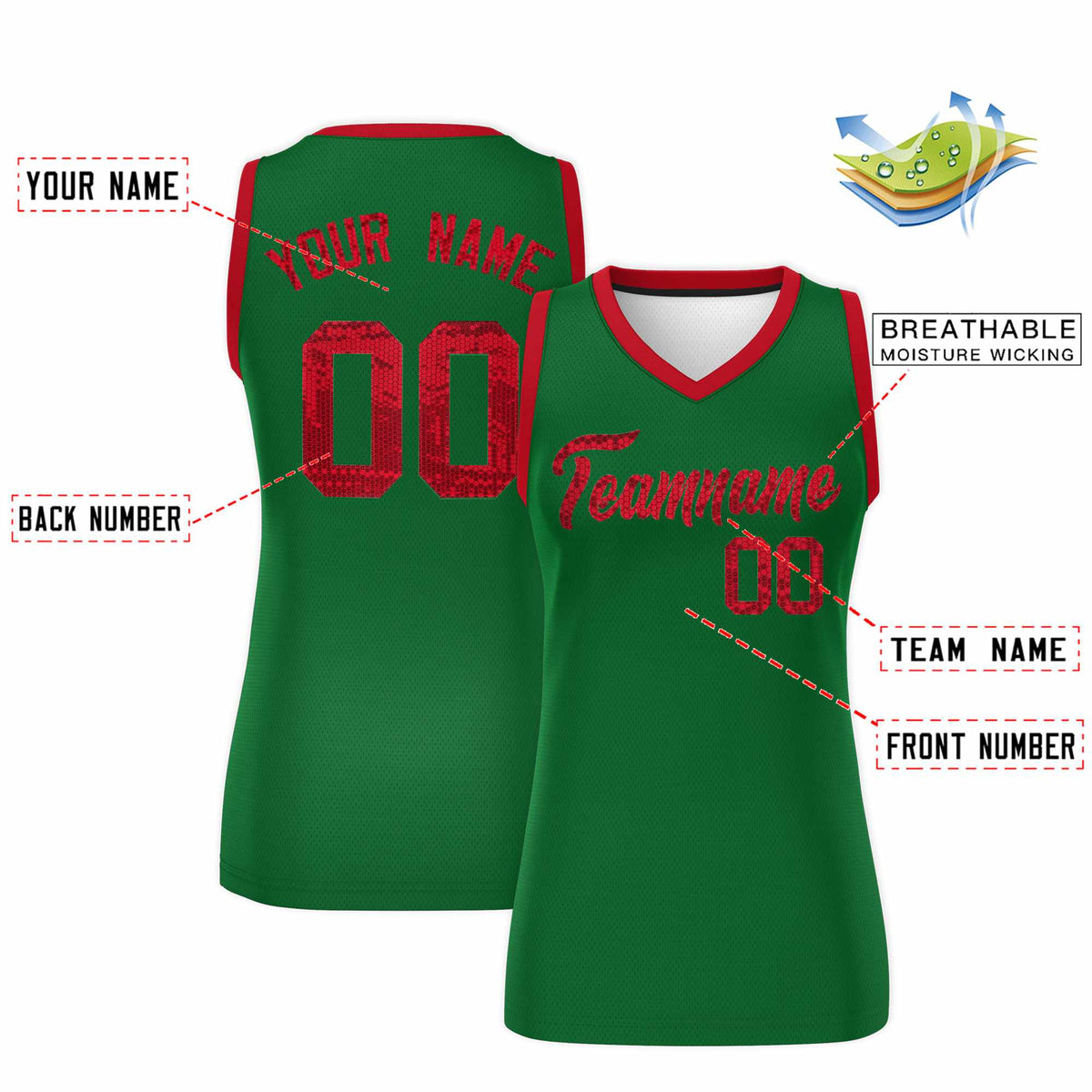 Custom Kelly Green Red Women Netball Sequined Dress