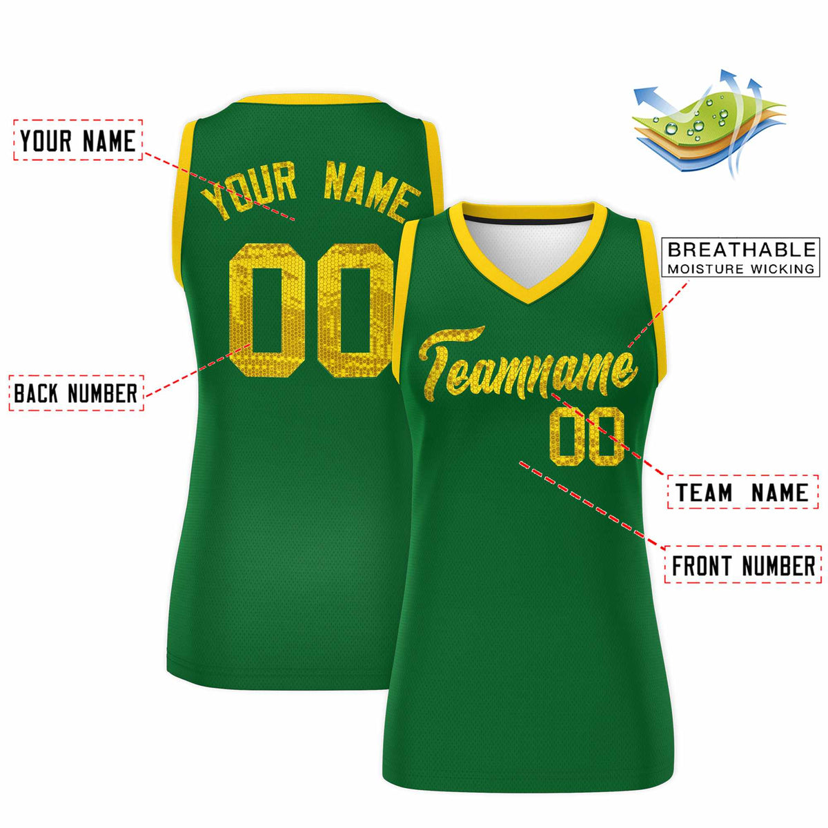Custom Kelly Green Gold Women Netball Sequined Dress
