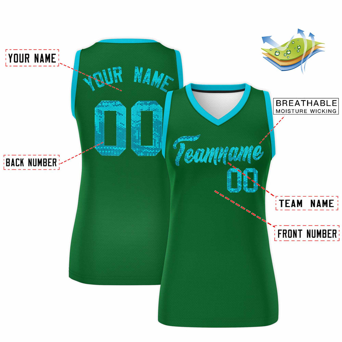 Custom Kelly Green Sky Blue Women Netball Sequined Dress