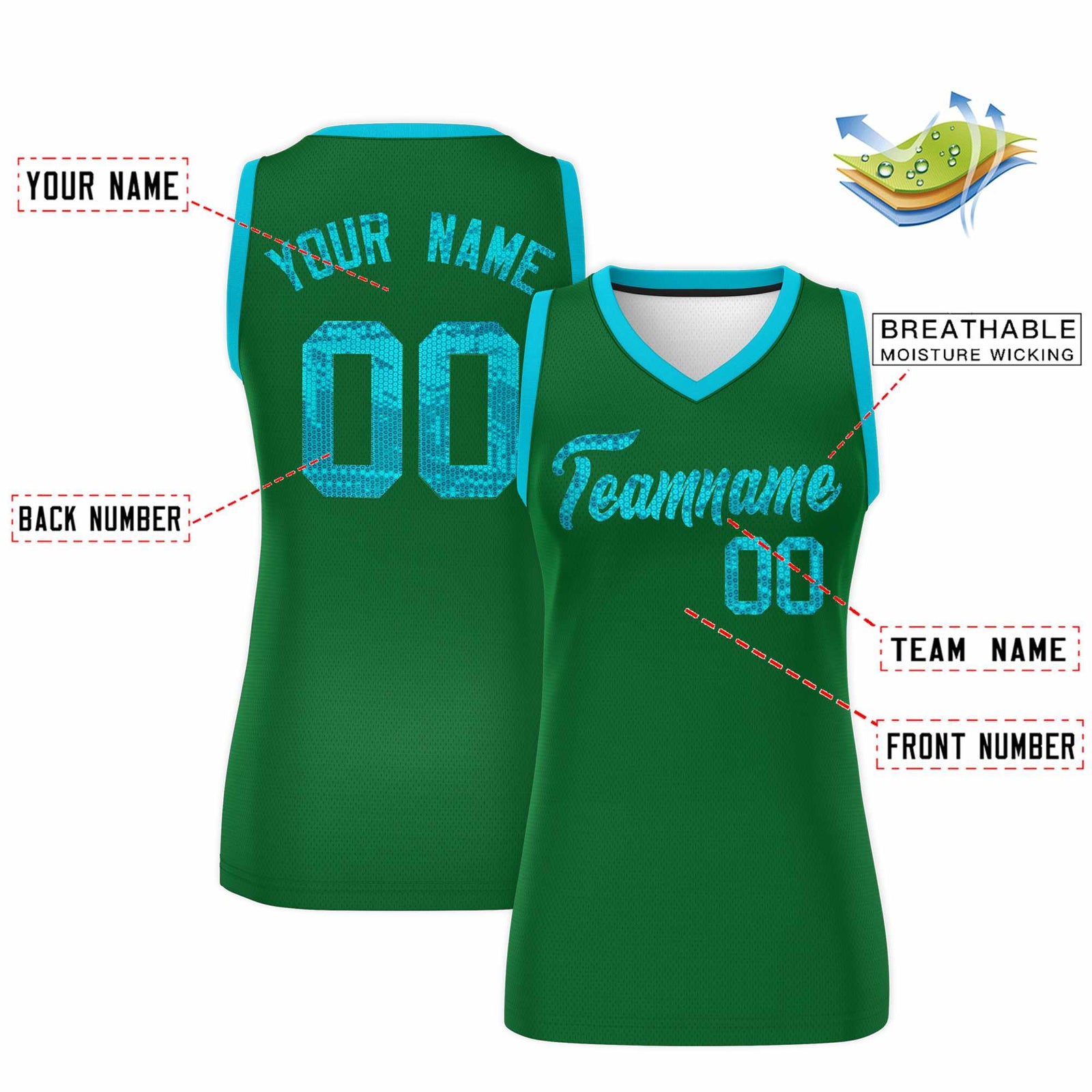 Custom Kelly Green Sky Blue Women Netball Sequined Dress