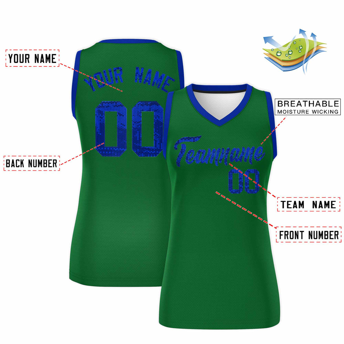 Custom Kelly Green Royal Women Netball Sequined Dress