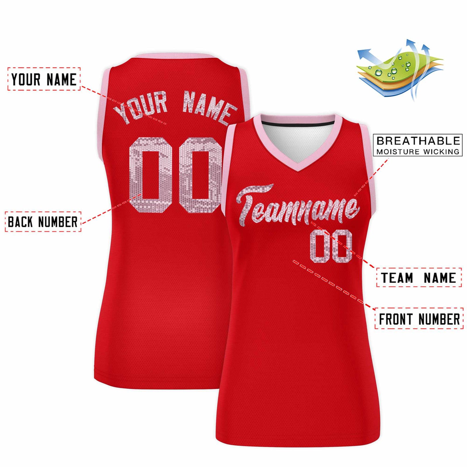 Custom Red Light Pink Women Netball Sequined Dress