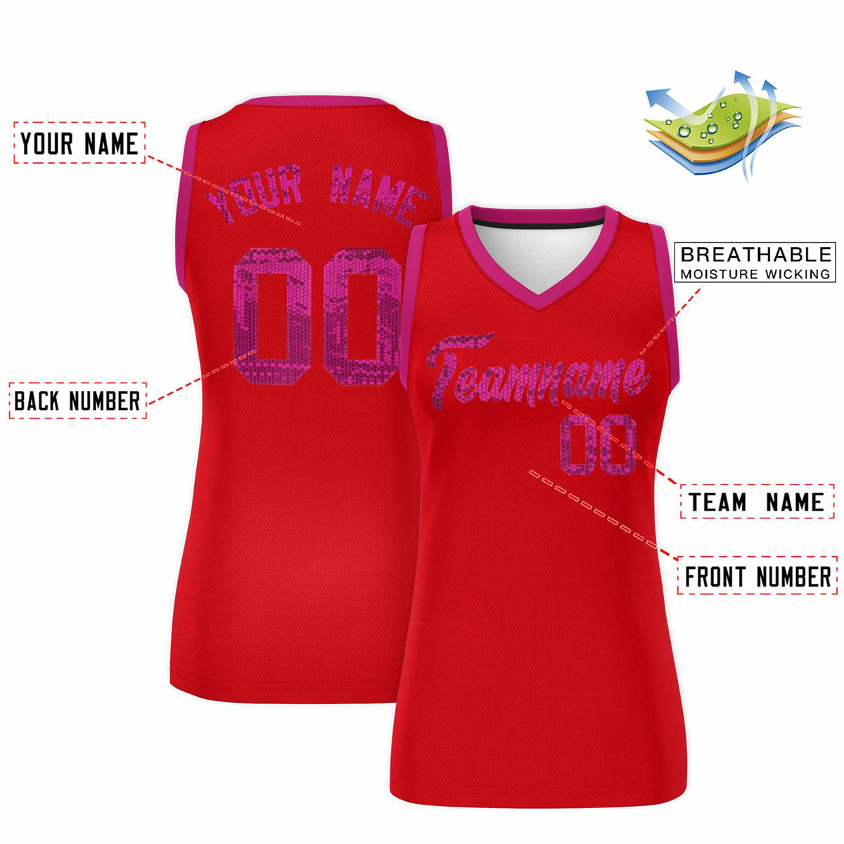 Custom Red Pink Women Netball Sequined Dress