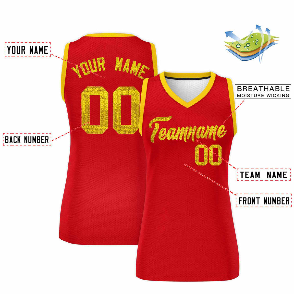 Custom Red Gold Women Netball Sequined Dress