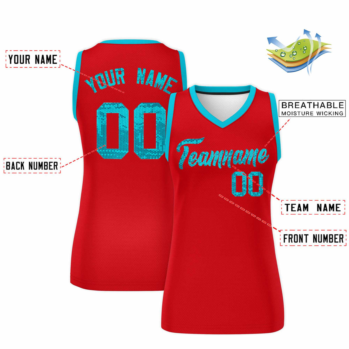 Custom Red Sky Blue Women Netball Sequined Dress