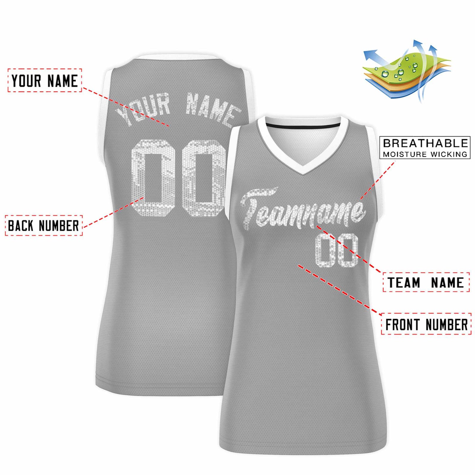 Custom Silver White Women Netball Sequined Dress