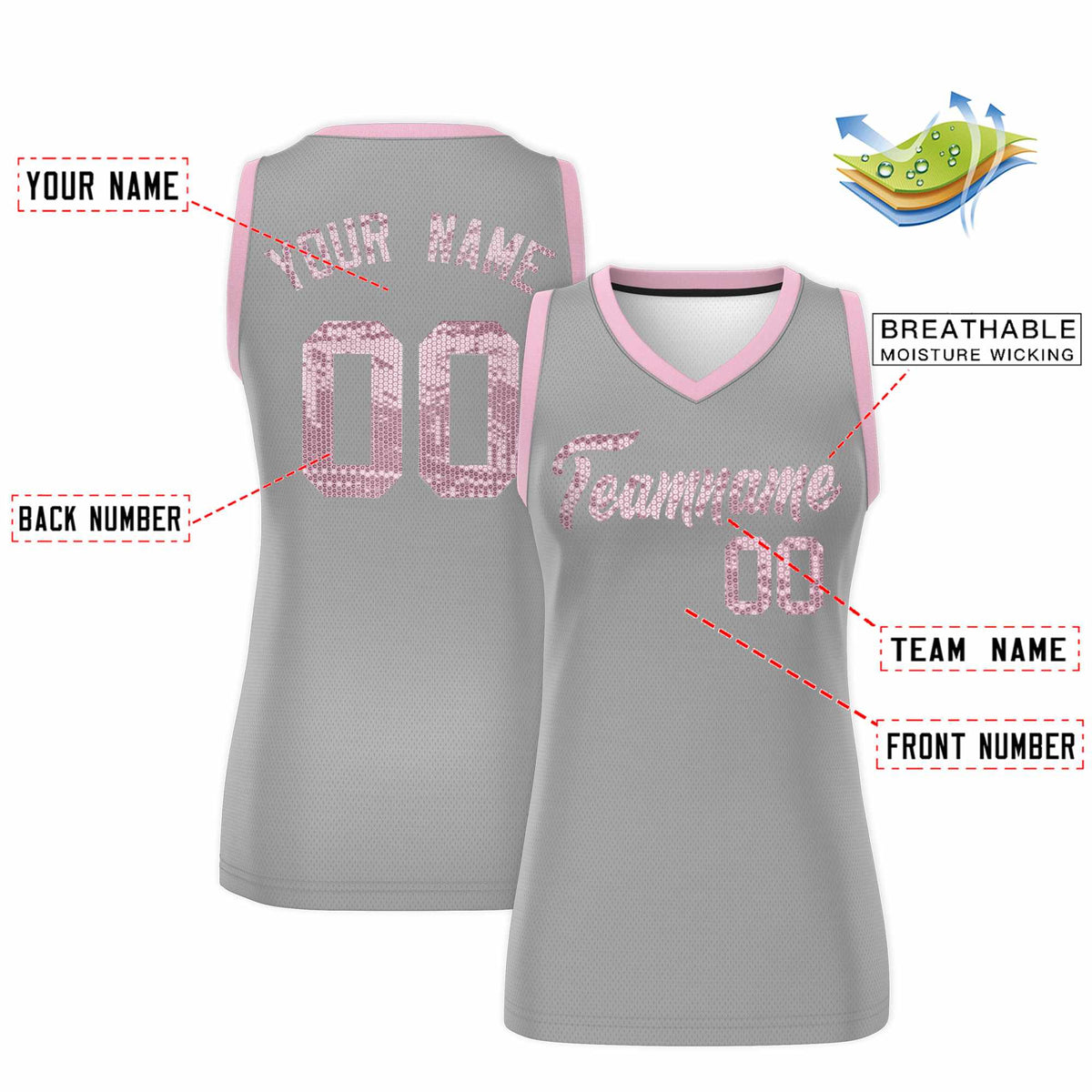 Custom Silver Light Pink Women Netball Sequined Dress