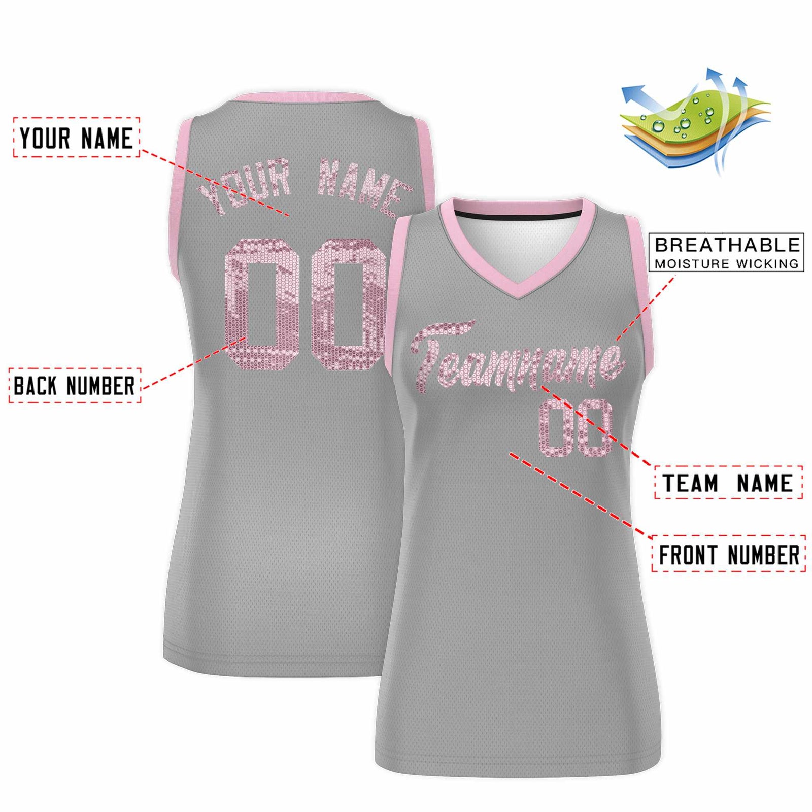 Custom Silver Light Pink Women Netball Sequined Dress