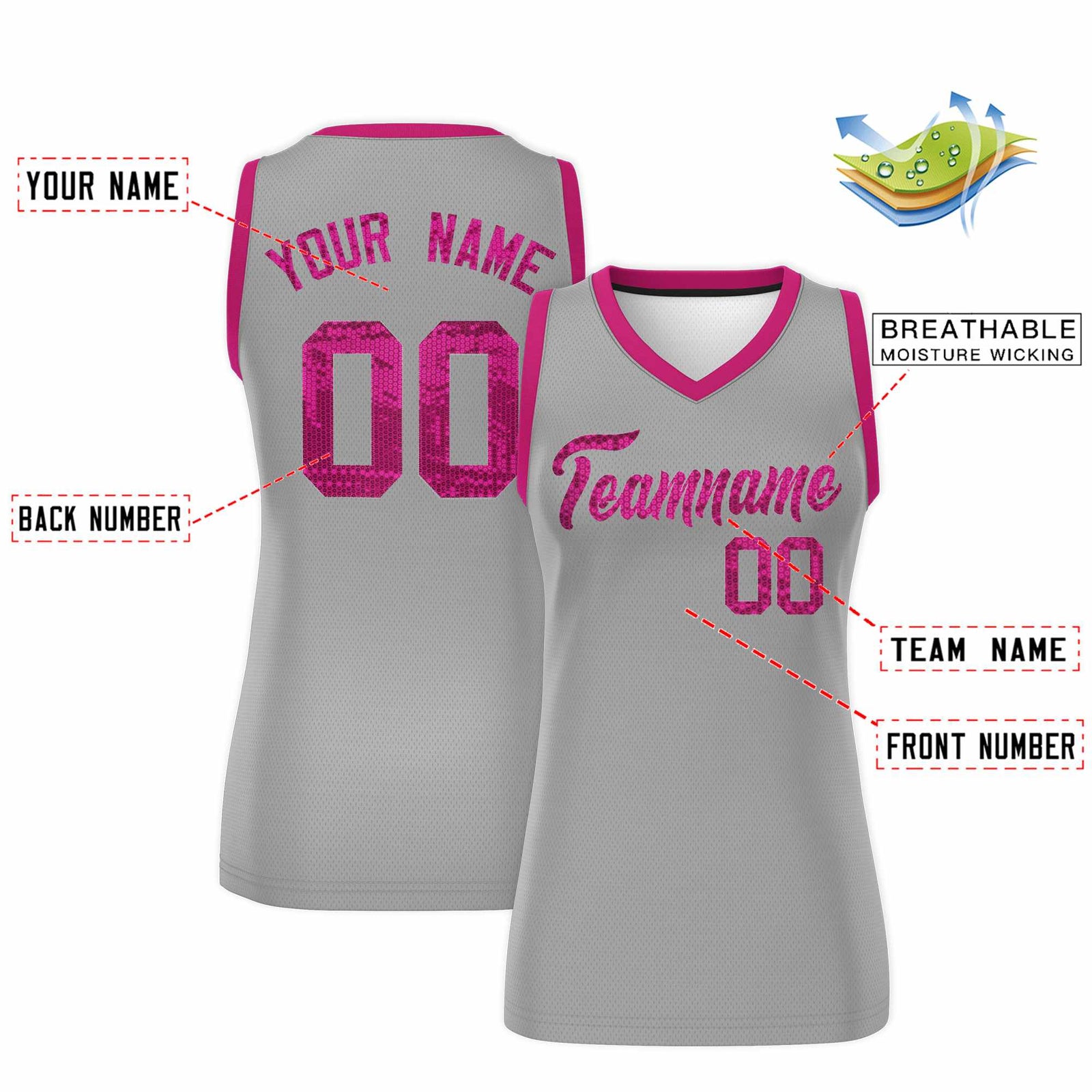 Custom Silver Pink Women Netball Sequined Dress