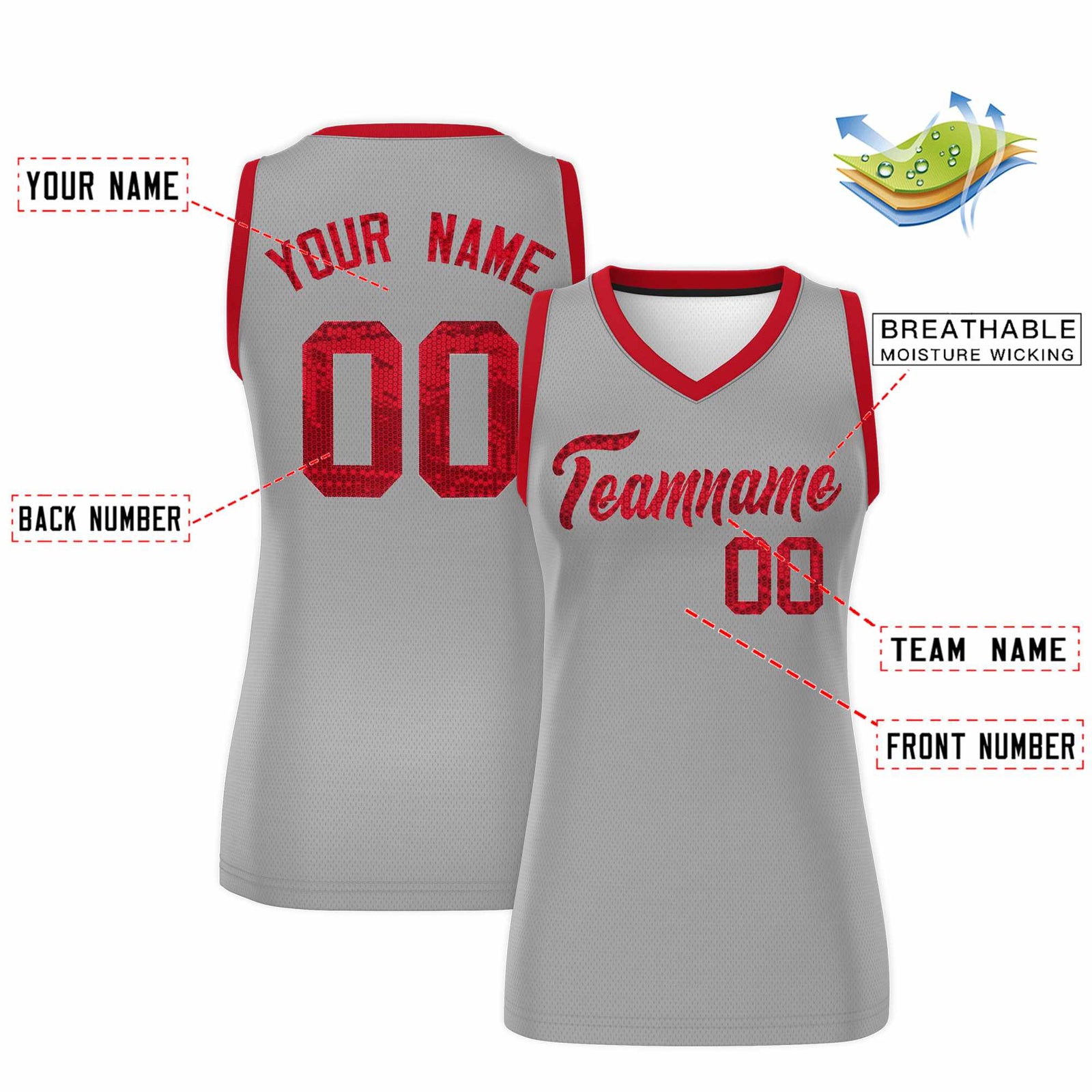 Custom Silver Red Women Netball Sequined Dress