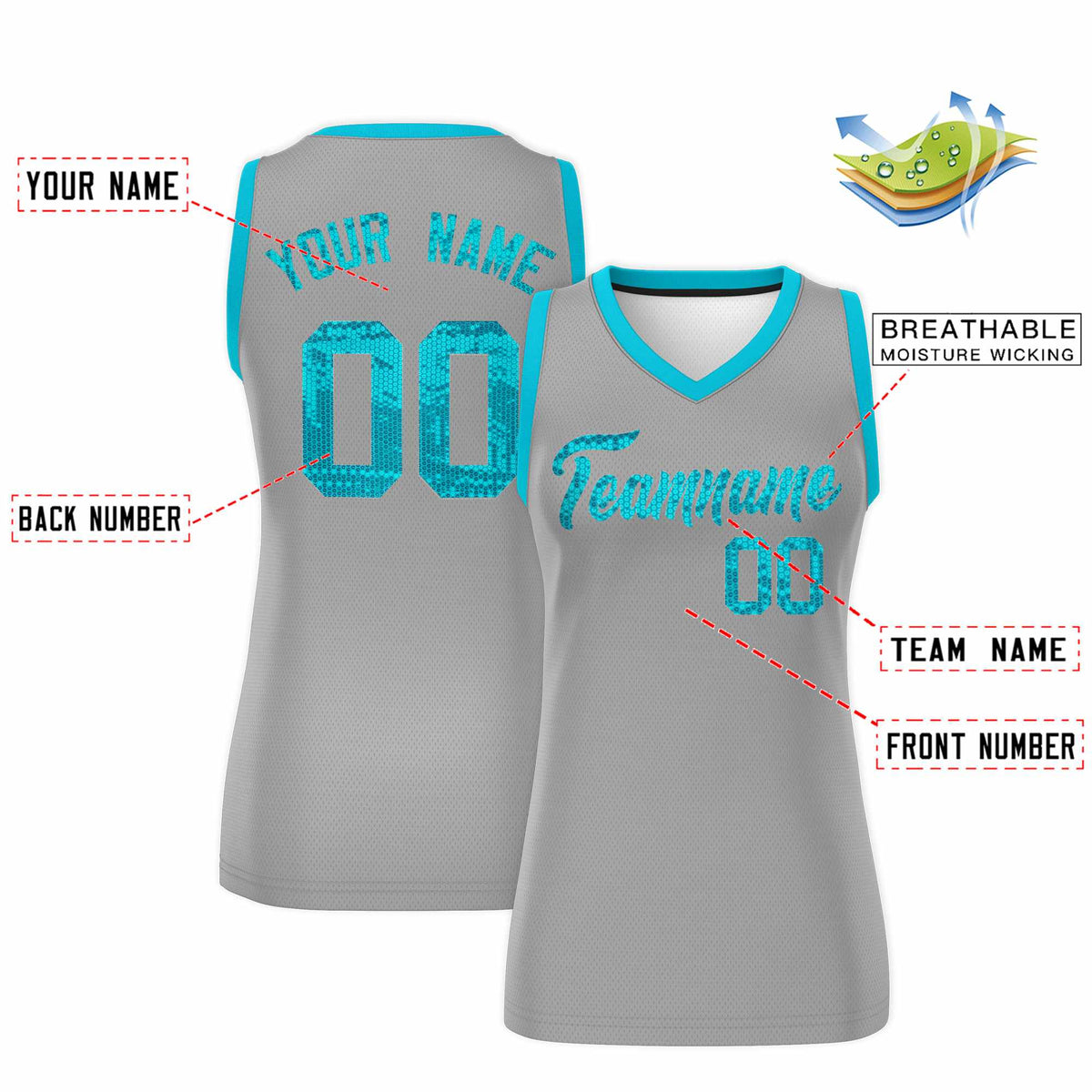 Custom Silver Sky Blue Women Netball Sequined Dress