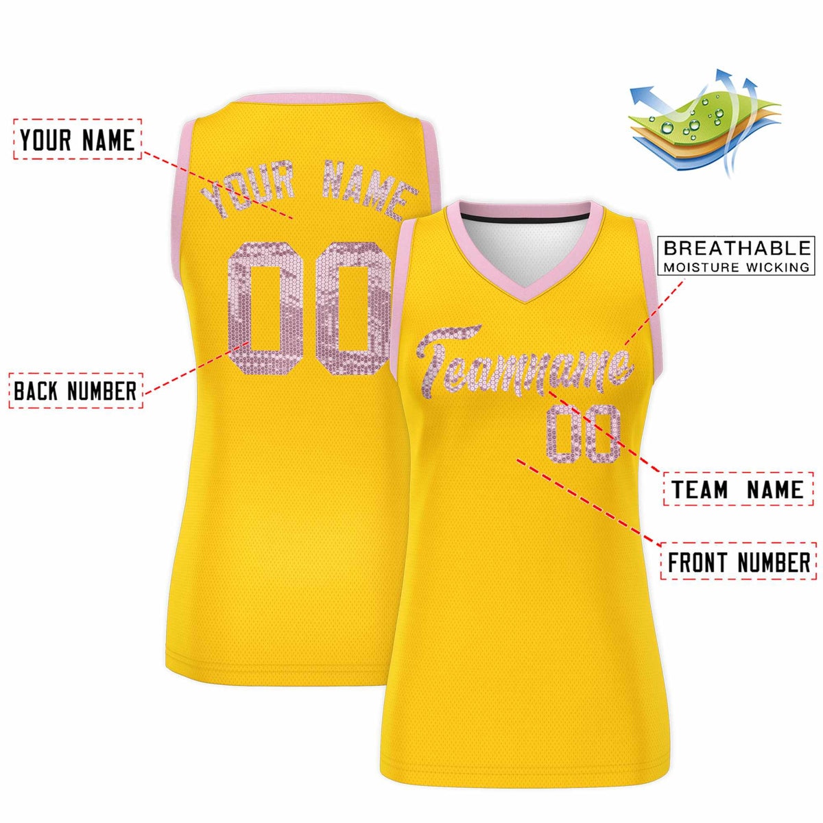 Custom Gold Light Pink Women Netball Sequined Dress