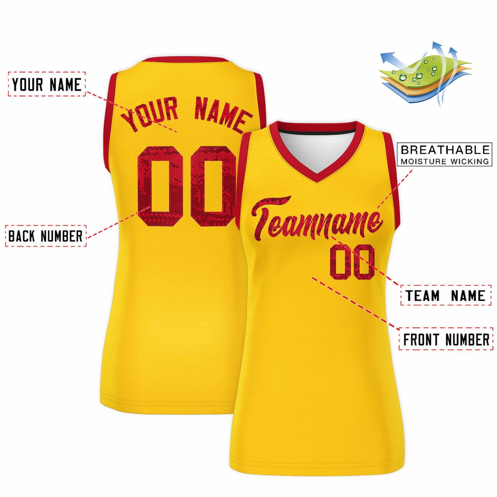 Custom Gold Red Women Netball Sequined Dress