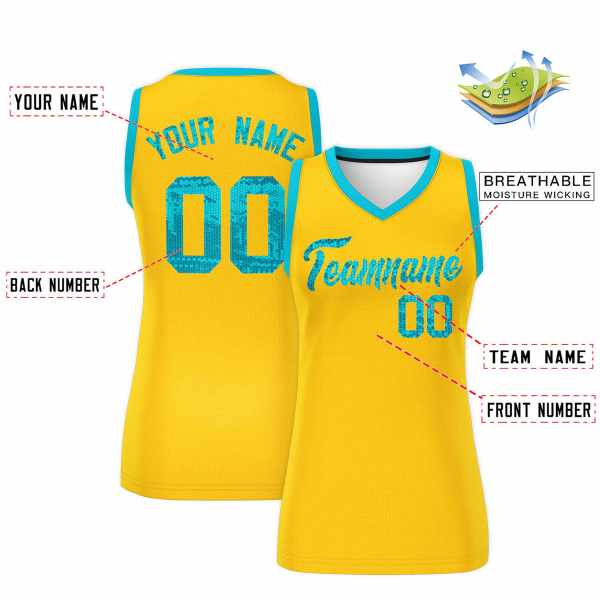 Custom Gold Sky Blue Women Netball Sequined Dress