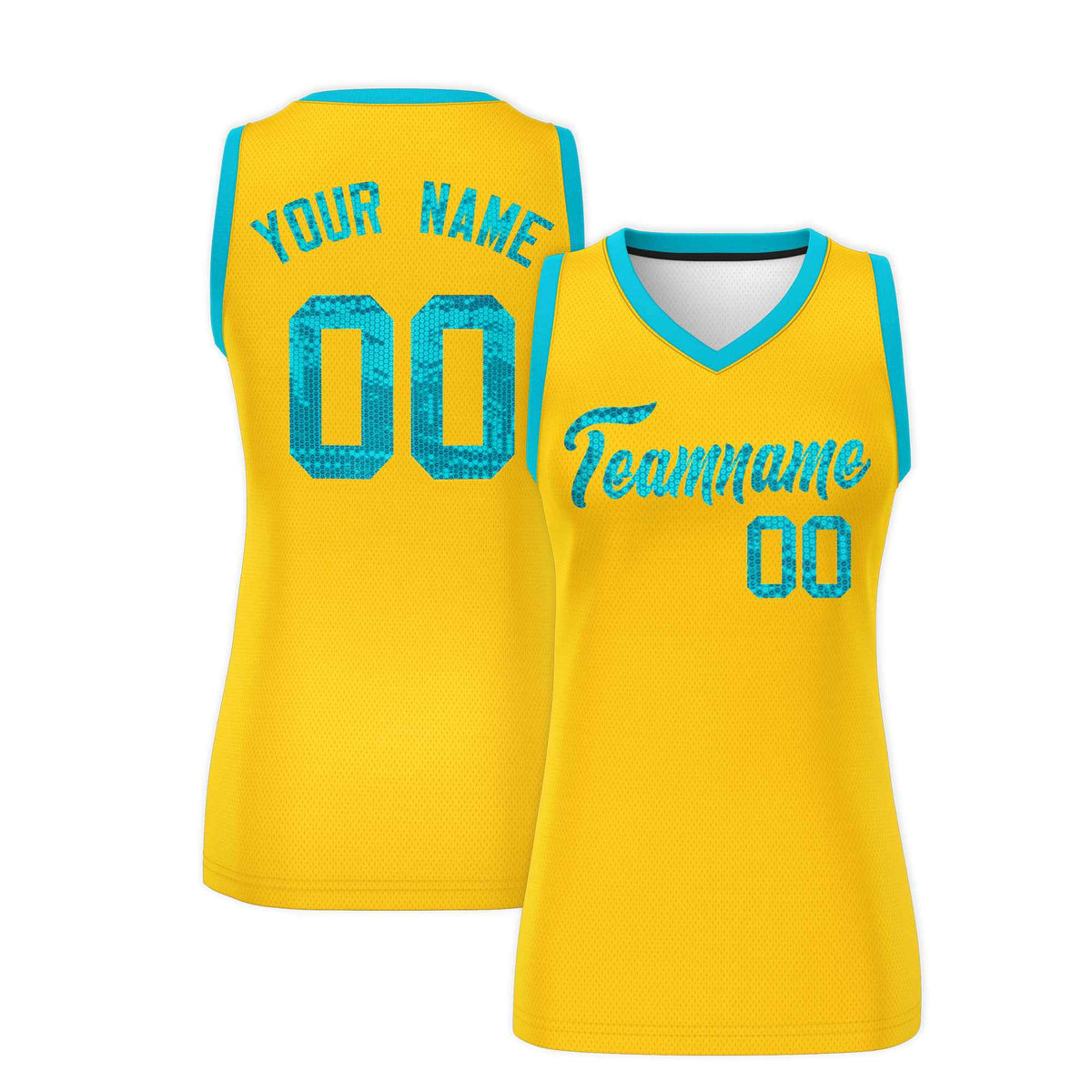 Custom Gold Sky Blue Women Netball Sequined Dress