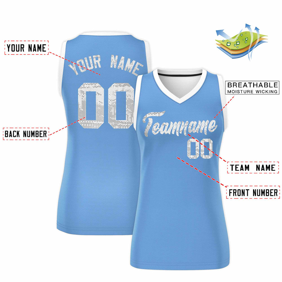 Custom Light Blue White Women Netball Sequined Dress
