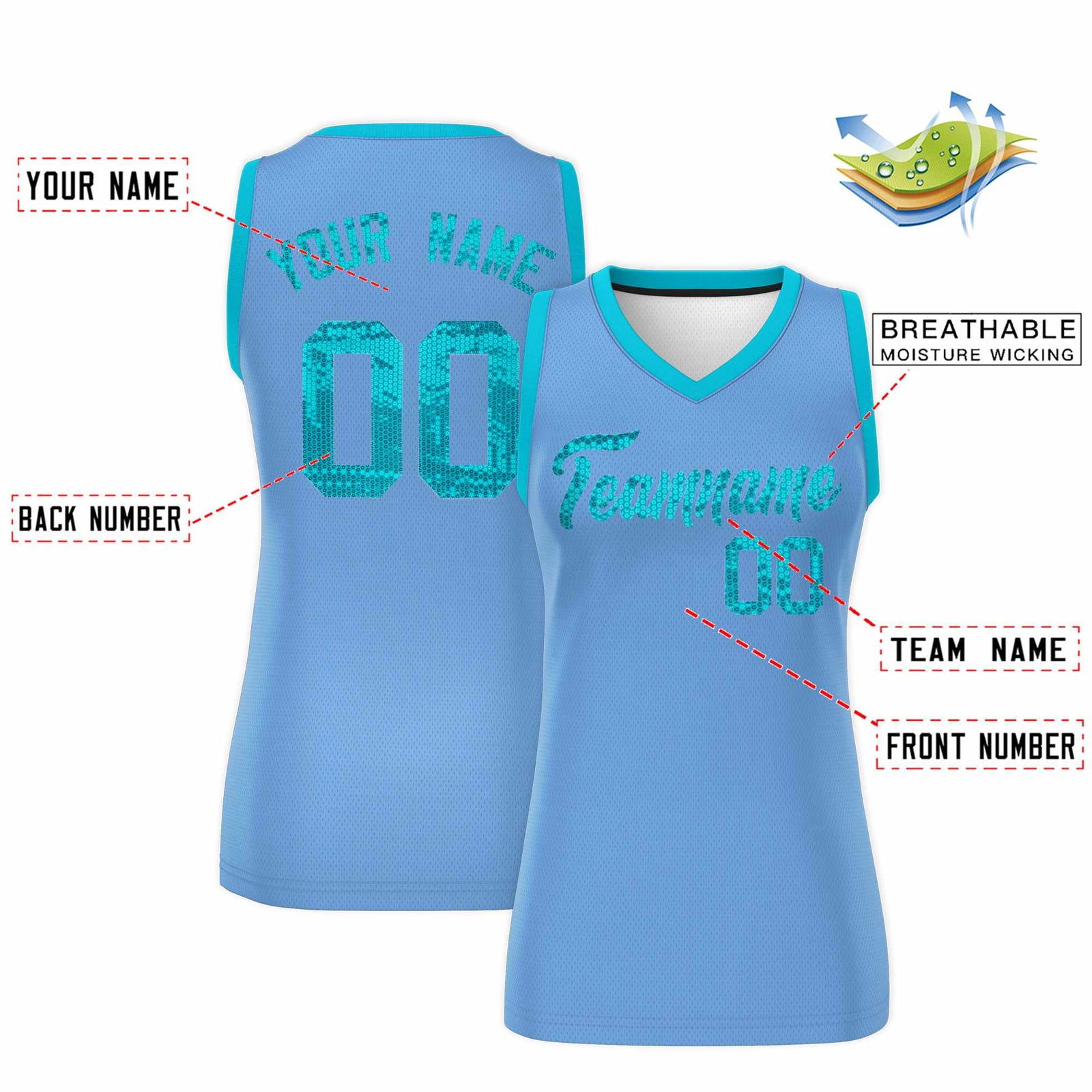 Custom Light Blue Sky Blue Women Netball Sequined Dress