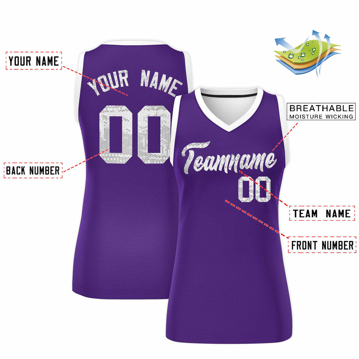 Custom Purple White Women Netball Sequined Dress