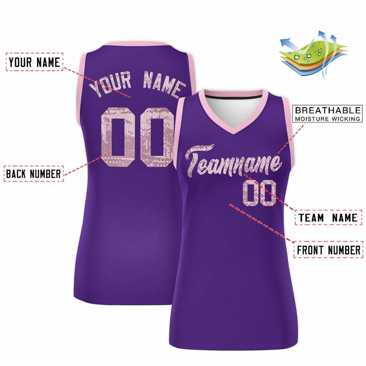 Custom Purple Light Pink Women Netball Sequined Dress