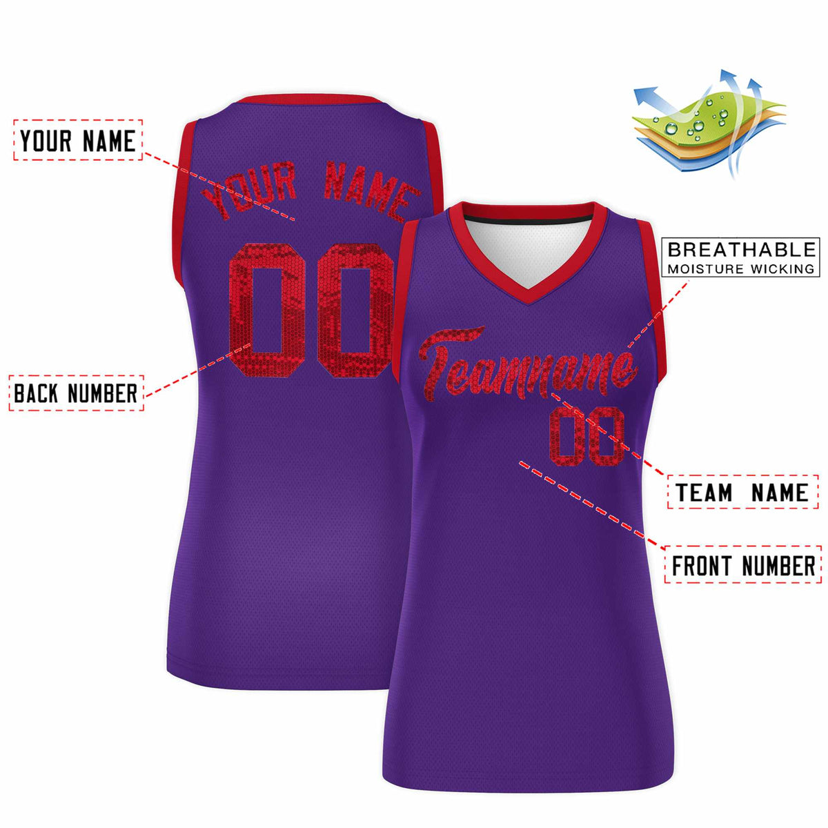 Custom Purple Red Women Netball Sequined Dress