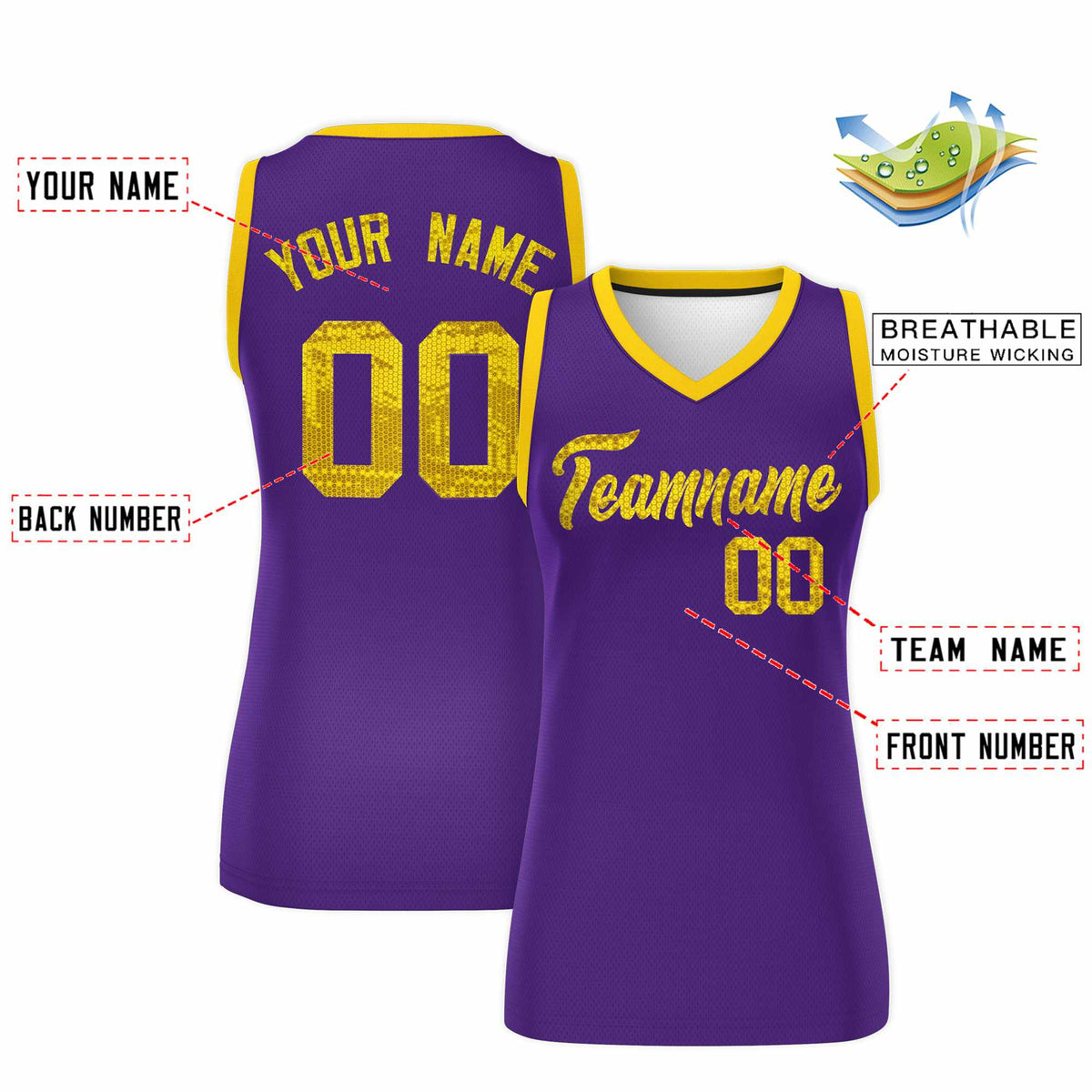 Custom Purple Gold Women Netball Sequined Dress
