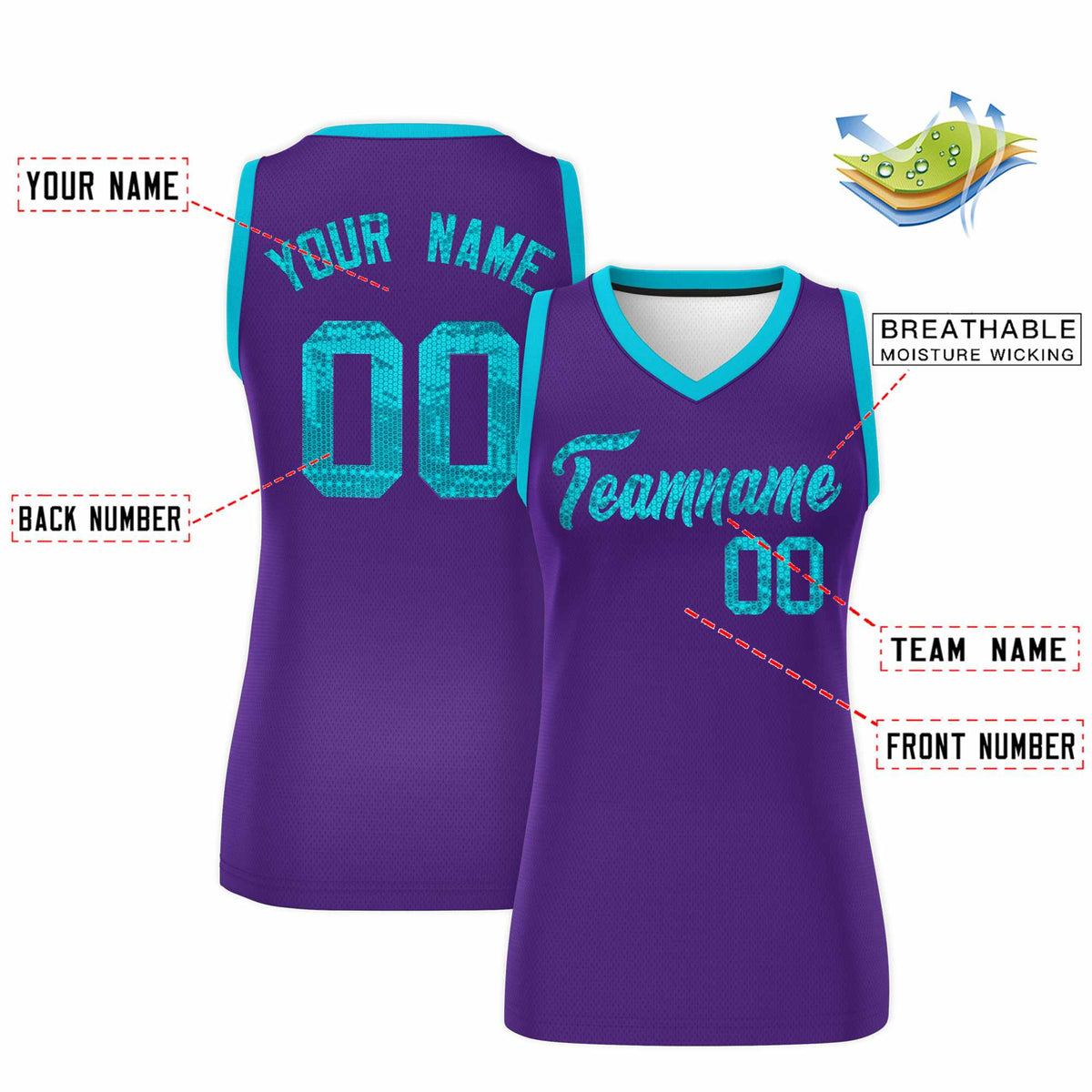 Custom Purple Sky Blue Women Netball Sequined Dress