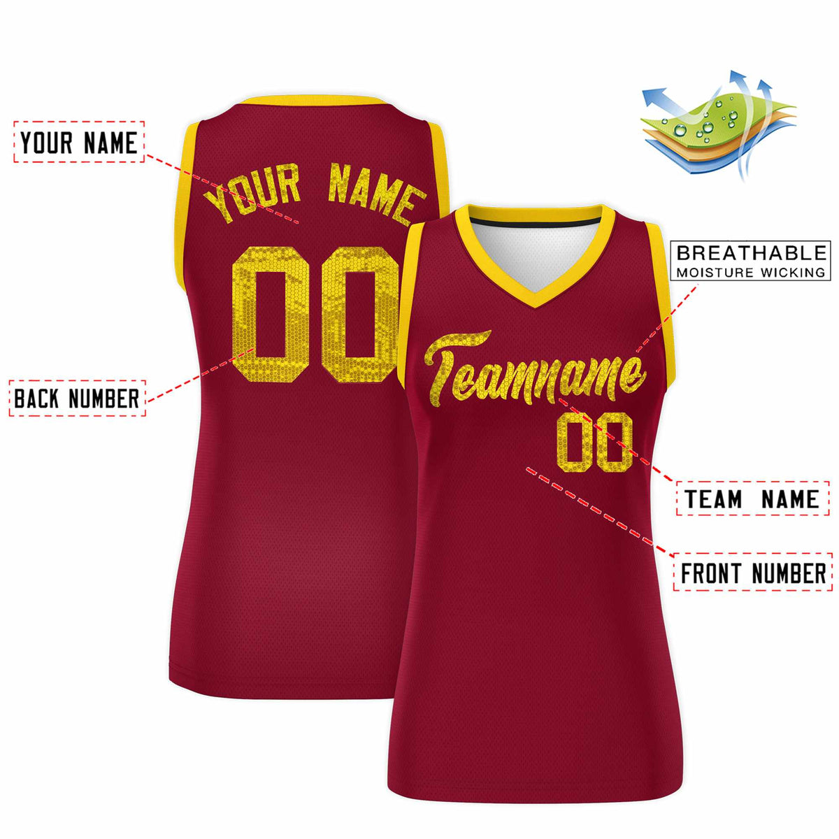 Custom Crimson Gold Women Netball Sequined Dress