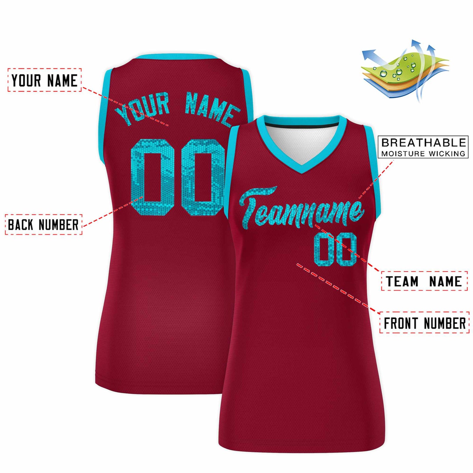 Custom Crimson Sky Blue Women Netball Sequined Dress