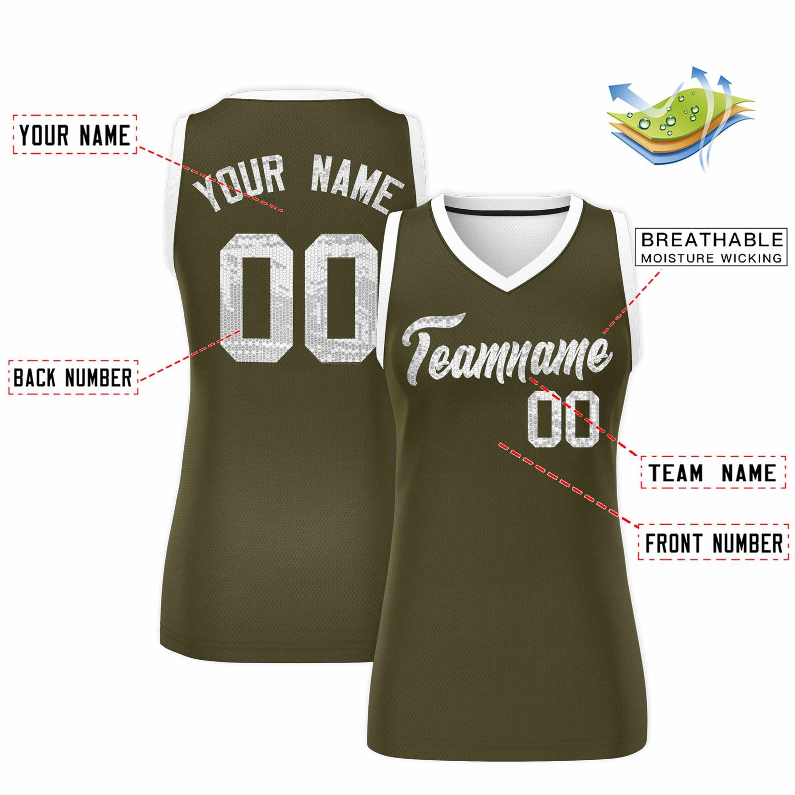 Custom Olive White Women Netball Sequined Dress