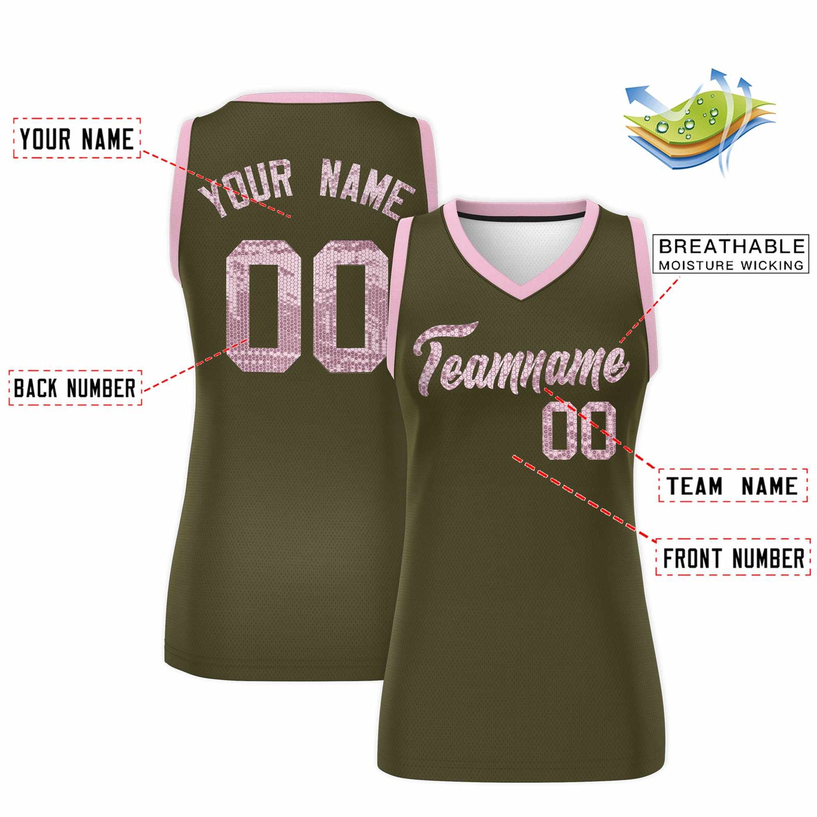 Custom Olive Light Pink Women Netball Sequined Dress