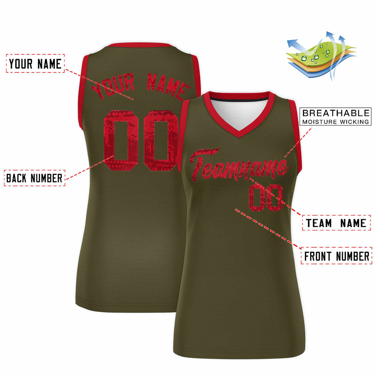 Custom Olive Red Women Netball Sequined Dress