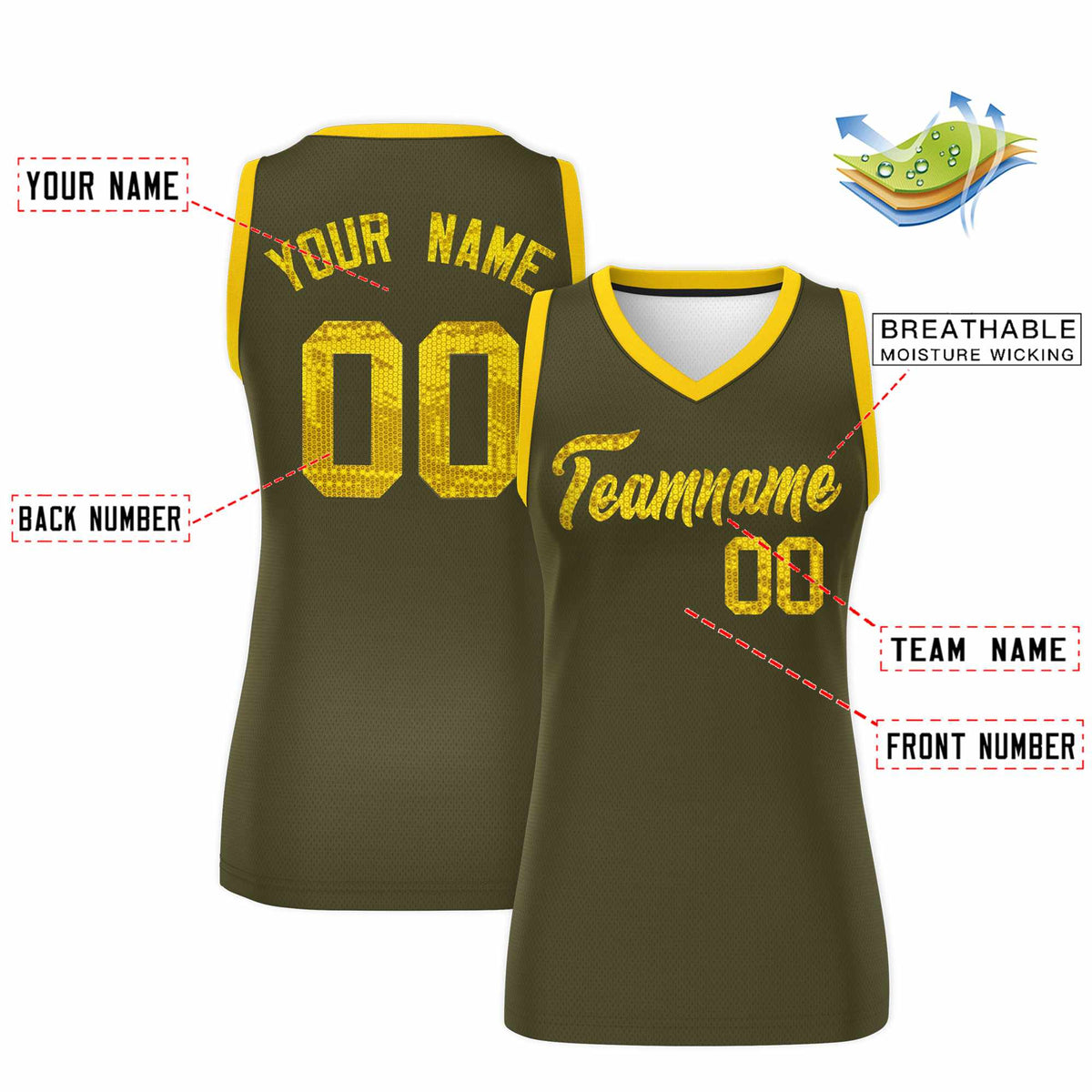 Custom Olive Gold Women Netball Sequined Dress