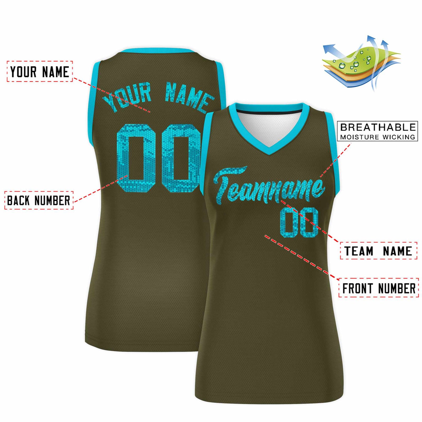 Custom Olive Sky Blue Women Netball Sequined Dress