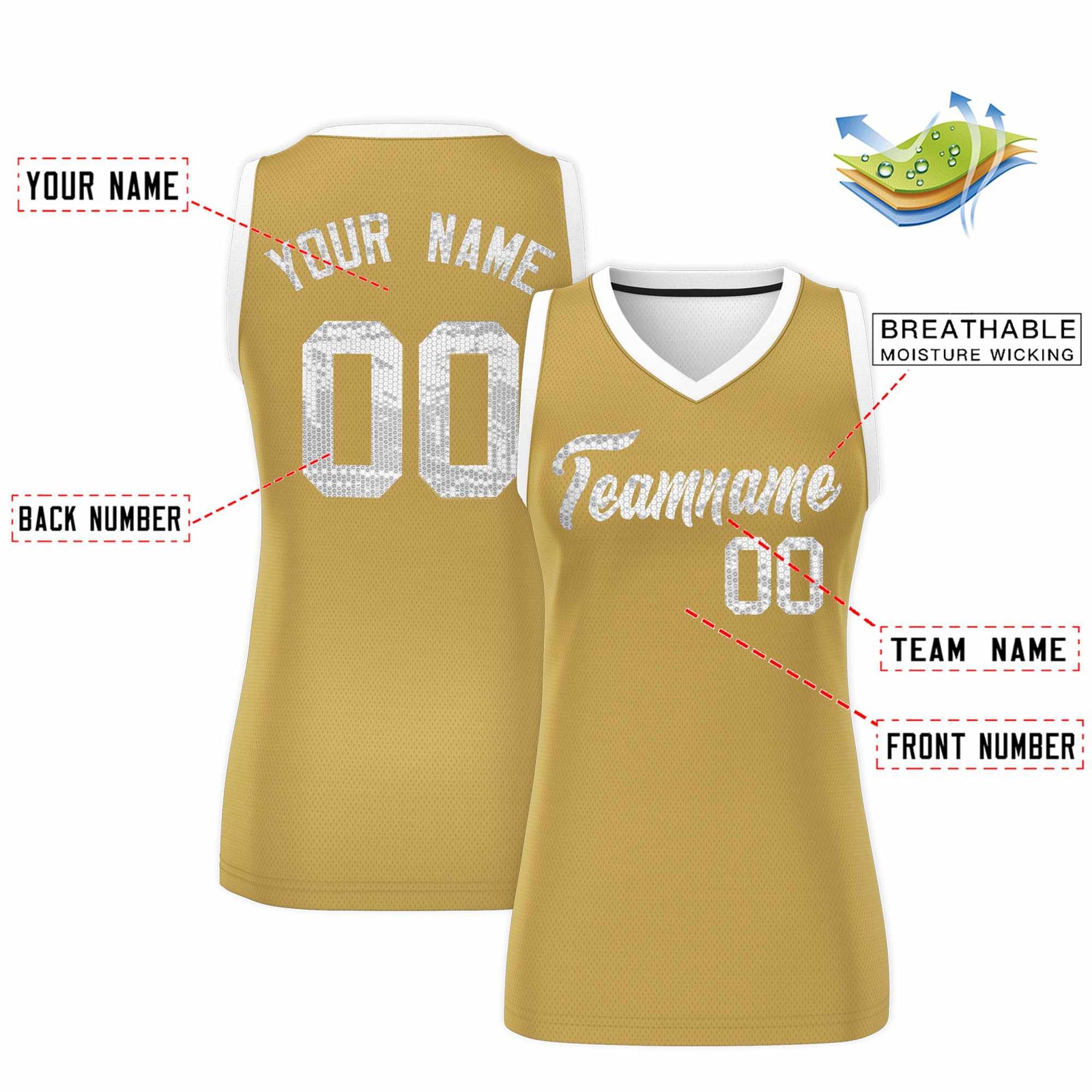 Custom Old Gold White Women Netball Sequined Dress