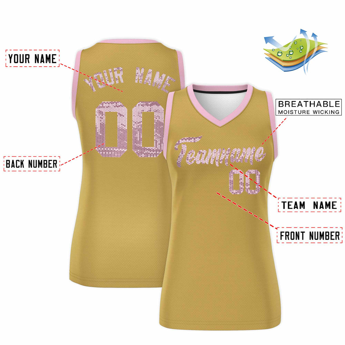 Custom Old Gold Light Pink Women Netball Sequined Dress