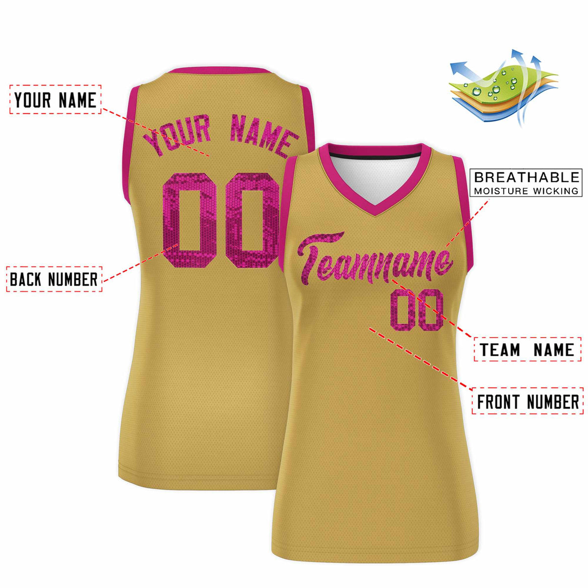 Custom Old Gold Pink Women Netball Sequined Dress