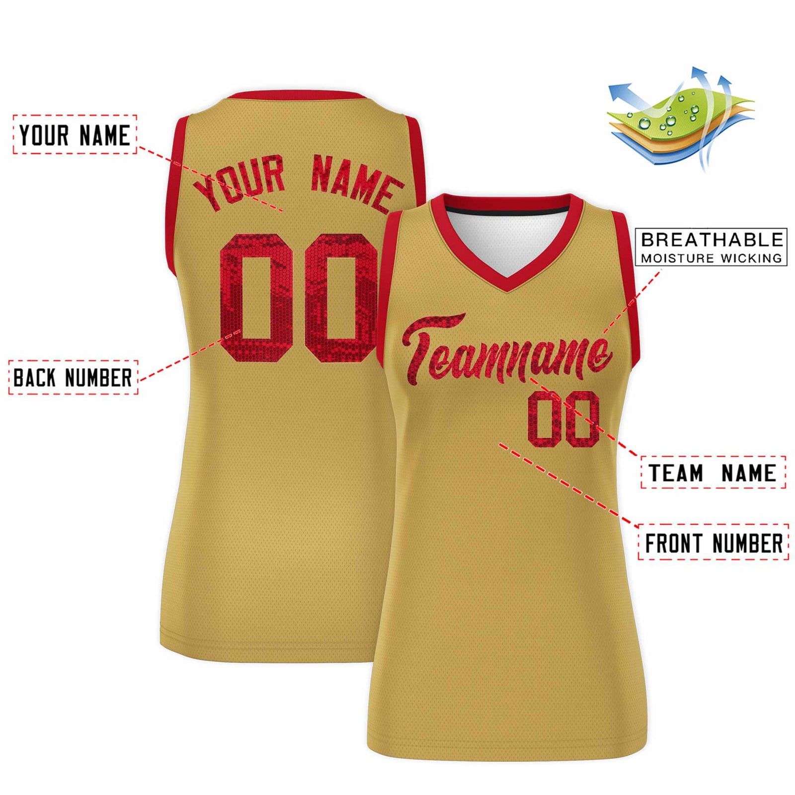 Custom Old Gold Red Women Netball Sequined Dress