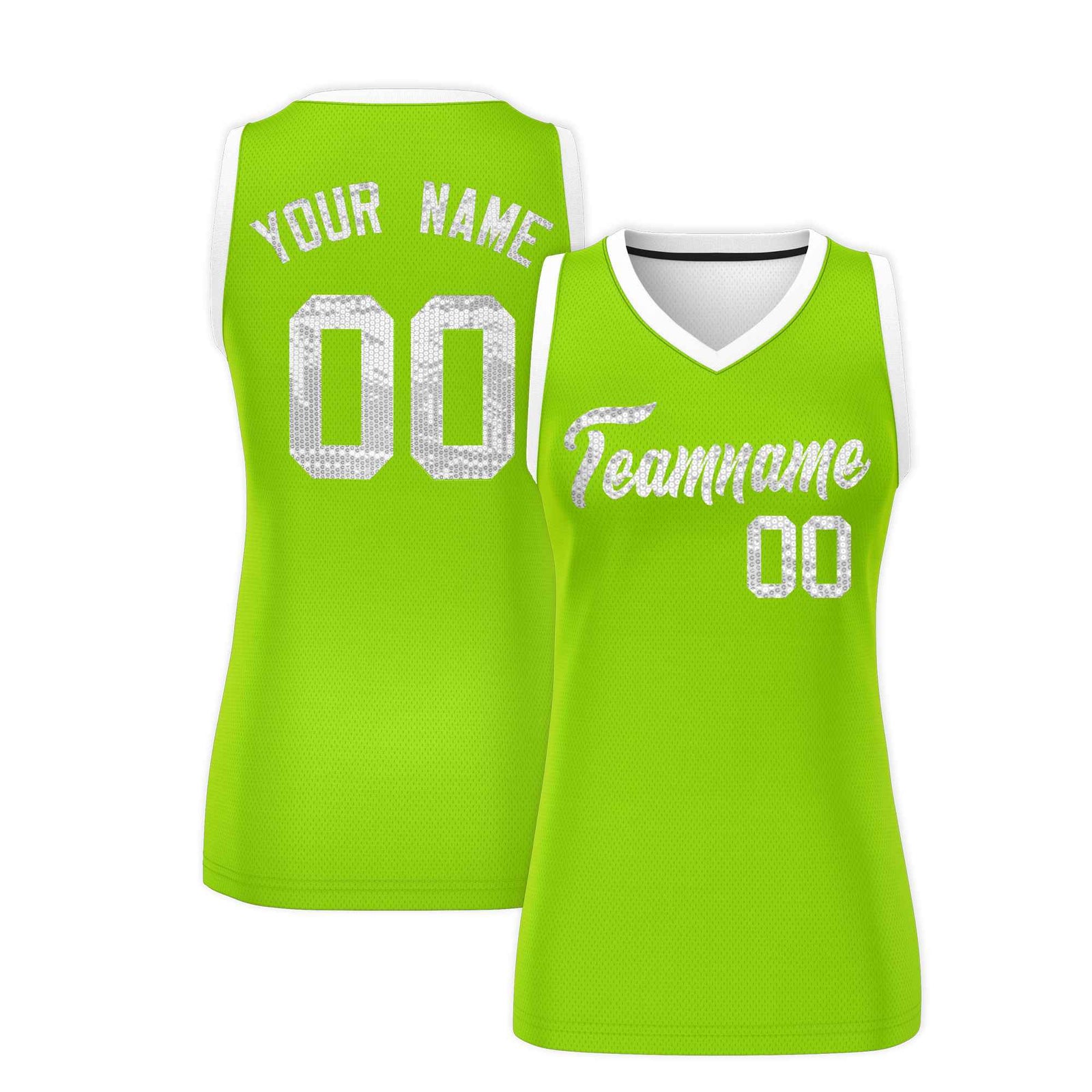 Custom Neon Green White Women Netball Sequined Dress