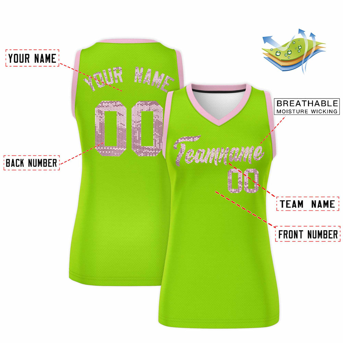 Custom Neon Green Light Pink Women Netball Sequined Dress