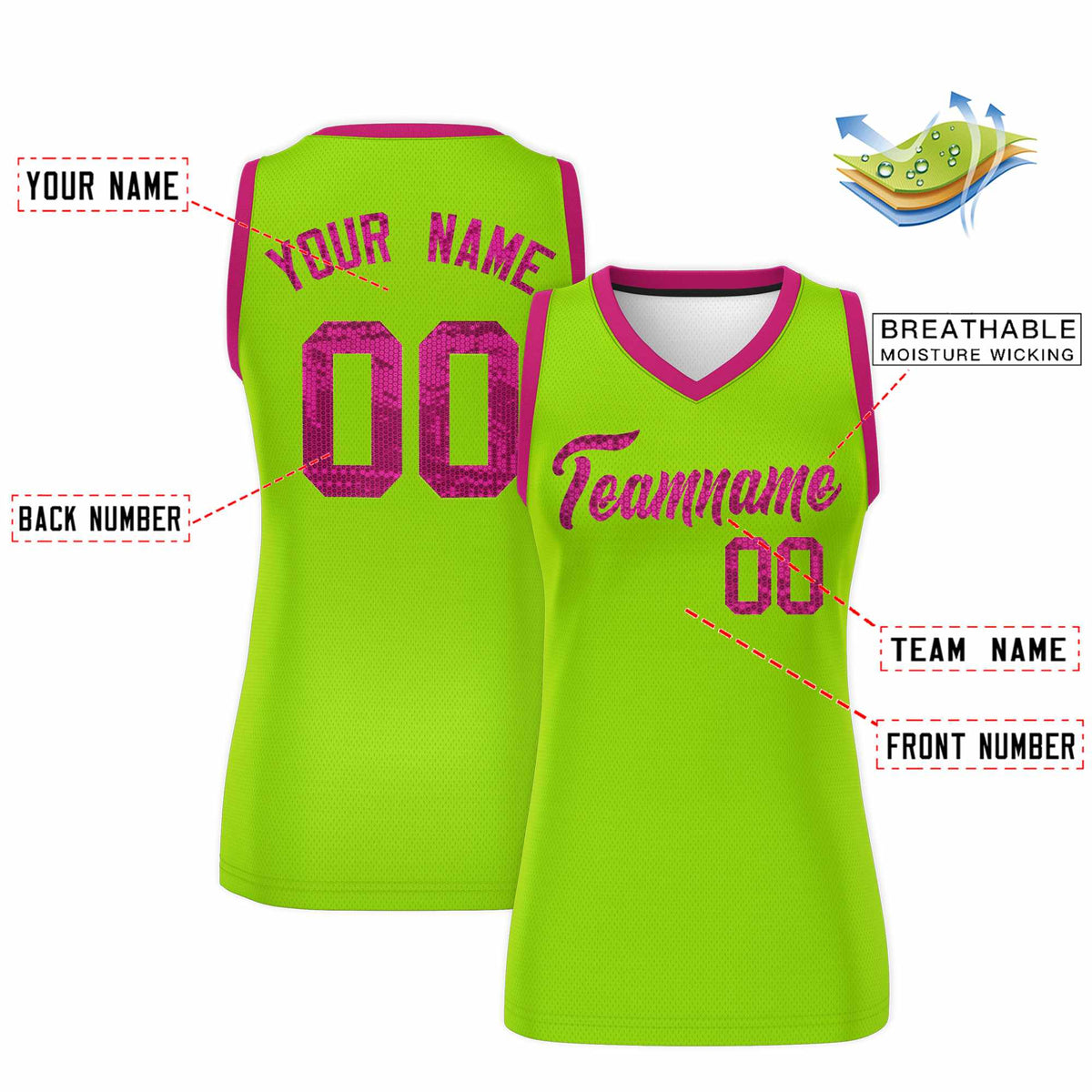 Custom Neon Green Pink Women Netball Sequined Dress
